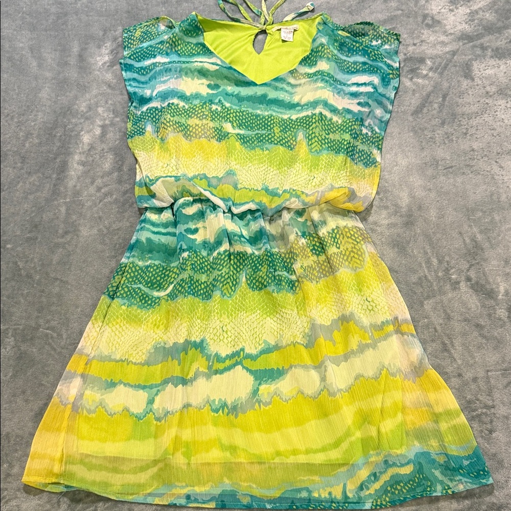 Yellow & Teal Wave-Print Summer Dress